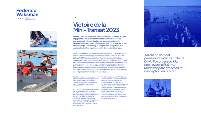 Réaliser un dossier de candidature pour un projet Class40 - Skipper Federico Waksman - Vainqueur de la Mini-Transat 2023
